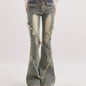 Y2K Fashion Soft Grunge Tasseled Flare Jeans for Coquette Aesthetic