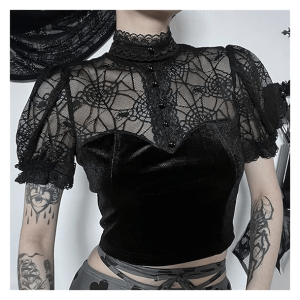 Y2K Fashion Spider Web Crop Top - Emo, Grunge, Coquette Aesthetic Style