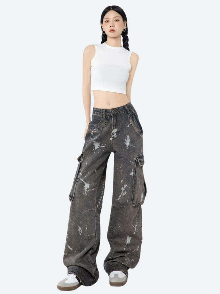 Y2K Fashion Stained Cargo Jeans - Grunge Aesthetic & Coquette Style