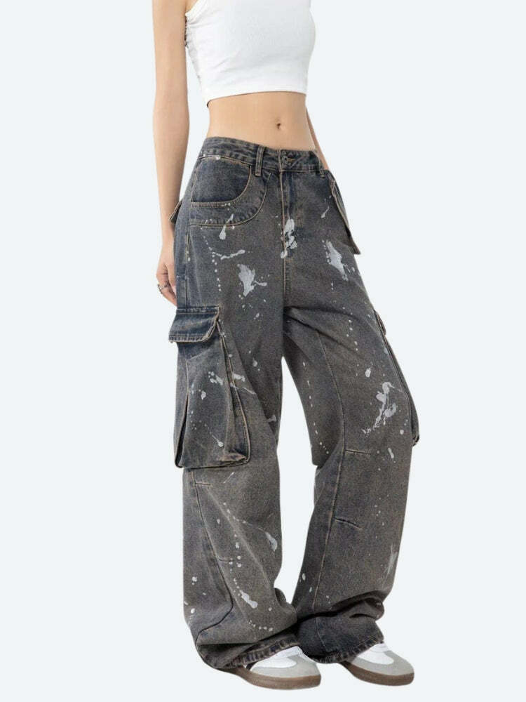 Y2K Fashion Stained Cargo Jeans - Grunge Aesthetic & Coquette Style