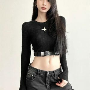 Y2K Fashion Star Belted Crop Top - Coquette Aesthetic & Grunge Style