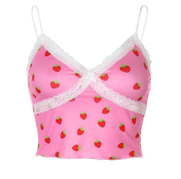 Y2K Fashion Strawberry Crop Top - Cute Coquette Aesthetic Tee