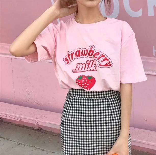 Y2K Fashion Strawberry Milk T-Shirt - Cute Aesthetic Tee for Coquette Style