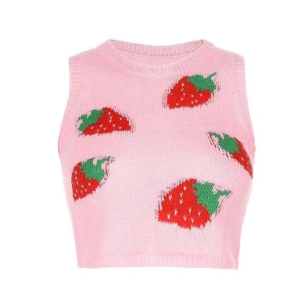 Y2K Fashion Strawberry Sleeveless Sweater - Coquette Aesthetic Top