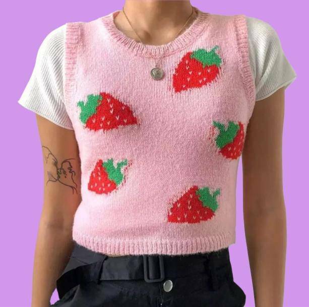 Y2K Fashion Strawberry Sleeveless Sweater - Coquette Aesthetic Top