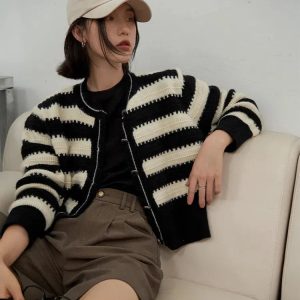 Y2K Fashion Striped Button Up Cardigan - Coquette & Grunge Aesthetic