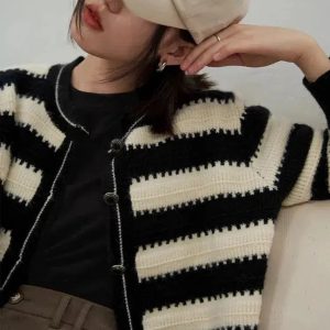 Y2K Fashion Striped Button Up Cardigan - Coquette & Grunge Aesthetic