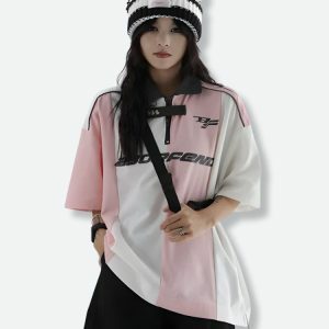 Y2K Fashion Striped Half Zip-Up Jersey Top - Coquette & Grunge Aesthetic