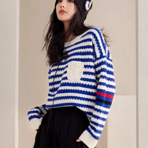 Y2K Fashion Striped Knitted Sweater - Coquette Aesthetic Oversized Style