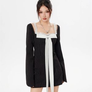 Y2K Fashion Striped Lace Bow Mini Dress - Coquette Aesthetic Style