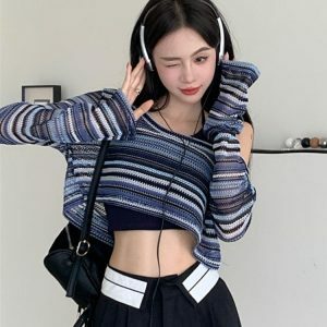 Y2K Fashion Striped Wide Neck Crop Sweater - Grunge & Coquette Aesthetic