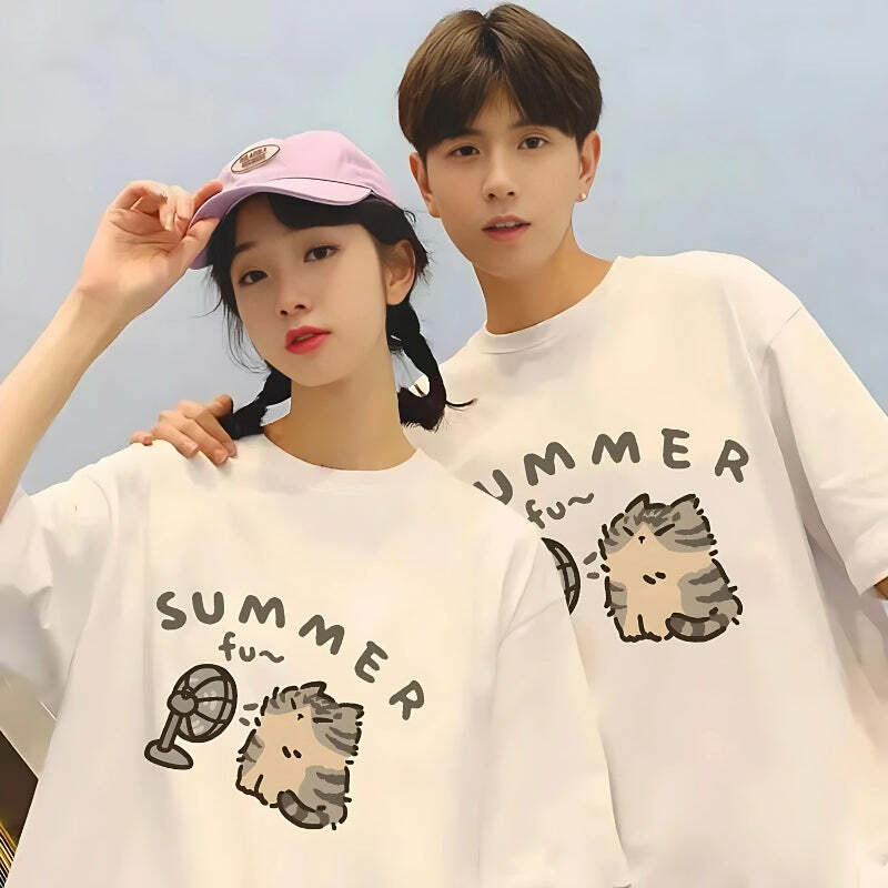 Y2K Fashion Summer Cat Tee - Cute Oversized Graphic Tee for Aesthetic Lovers