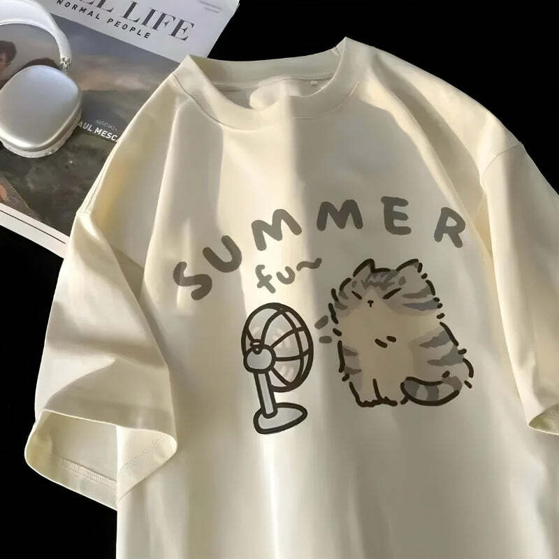 Y2K Fashion Summer Cat Tee - Cute Oversized Graphic Tee for Aesthetic Lovers