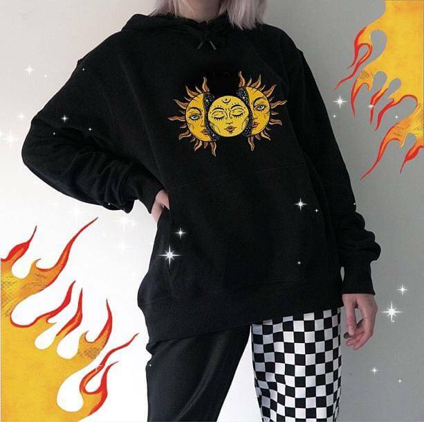 Y2K Fashion Sun Moon Face Hoodie - Cute Oversized Aesthetic Sweatshirt