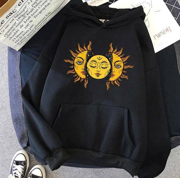 Y2K Fashion Sun Moon Face Hoodie - Cute Oversized Aesthetic Sweatshirt