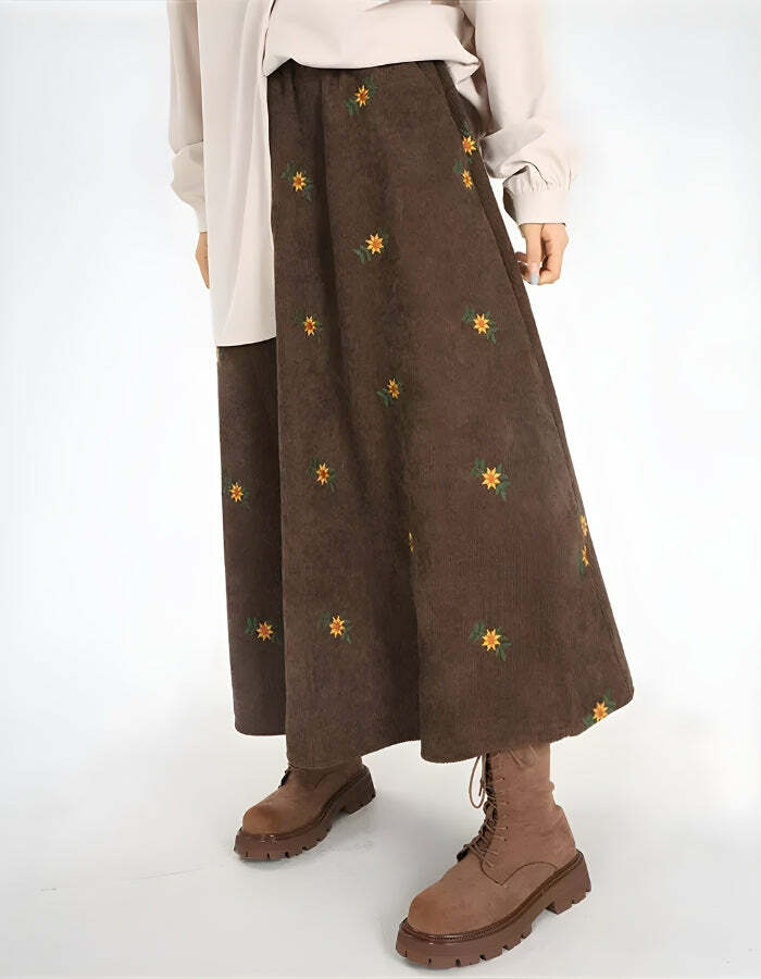 Y2K Fashion Sunflower Embroidered Corduroy Maxi Skirt for Coquette Style