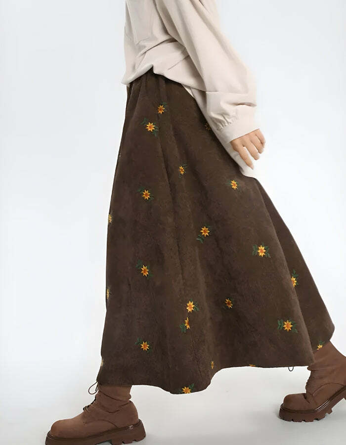 Y2K Fashion Sunflower Embroidered Corduroy Maxi Skirt for Coquette Style