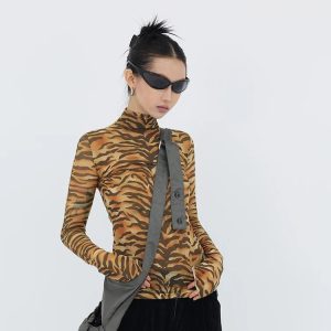 Y2K Fashion Tiger Mesh Top - Grunge Aesthetic & Coquette Style