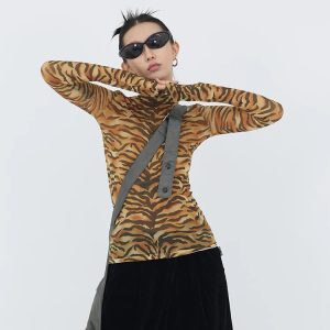 Y2K Fashion Tiger Mesh Top - Grunge Aesthetic & Coquette Style