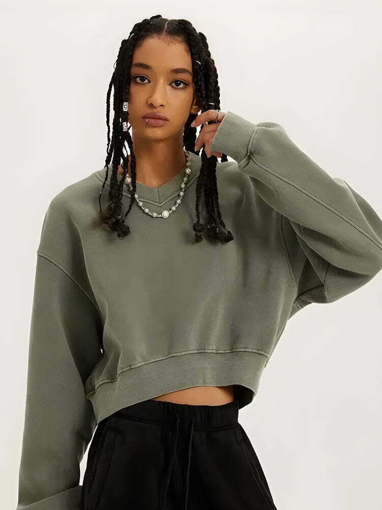 Y2K Fashion V-Neck Drop Shoulder Cropped Sweatshirt - Coquette Aesthetic