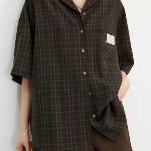 Y2K Fashion V-Neck Plaid Shirt - Grunge Aesthetic Coquette Style Top