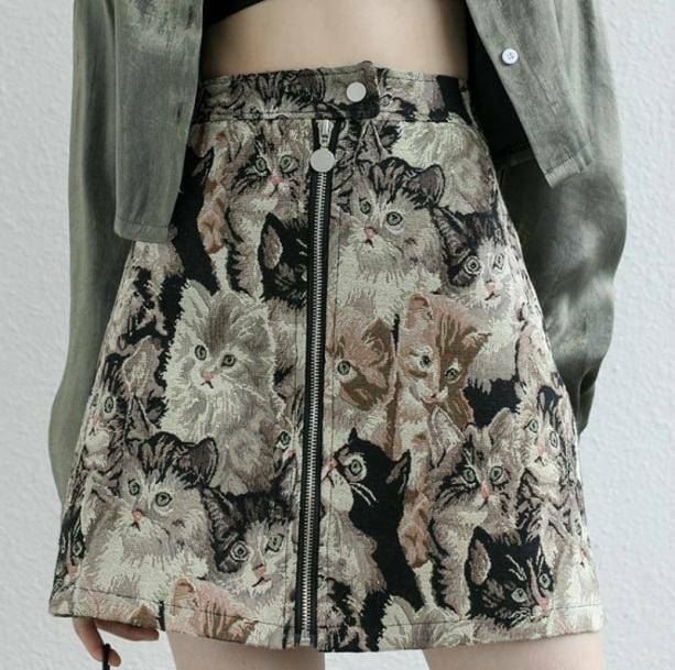 Y2K Fashion Vintage Cat Skirt - Cute Coquette Aesthetic & Grunge Style