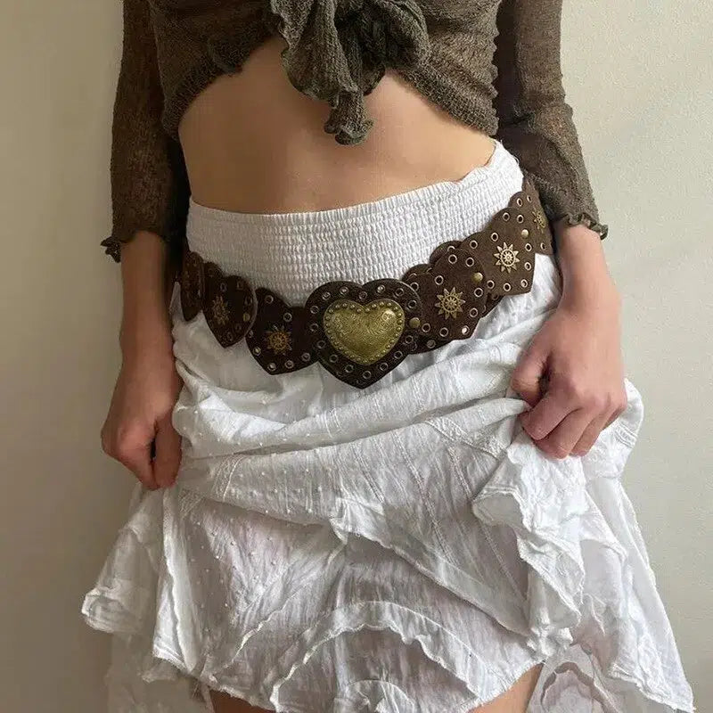 Y2K Fashion Vintage Ethnic Heart Suede Waist Belt for Coquette Style