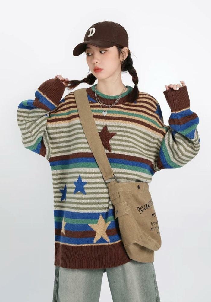 Y2K Fashion Vintage Star Knit Sweater - Grunge & Coquette Aesthetic