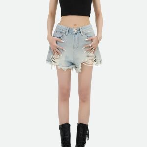 Y2K Fashion Wide Leg Ripped Denim Shorts - Grunge & Coquette Aesthetic