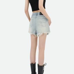 Y2K Fashion Wide Leg Ripped Denim Shorts - Grunge & Coquette Aesthetic