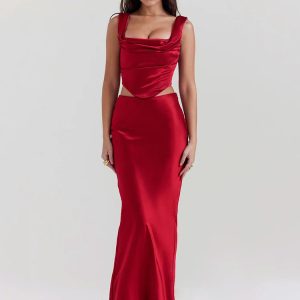 Y2K Fashion Wine Satin Corset Top & Maxi Skirt Set - Coquette Aesthetic