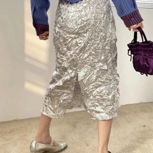 Y2K Fashion Wrinkled Silver Midi Skirt - Grunge & Coquette Aesthetic