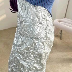 Y2K Fashion Wrinkled Silver Midi Skirt - Grunge & Coquette Aesthetic