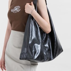 Y2K Faux Patent Leather Hobo Bag - Coquette & Grunge Aesthetic Style