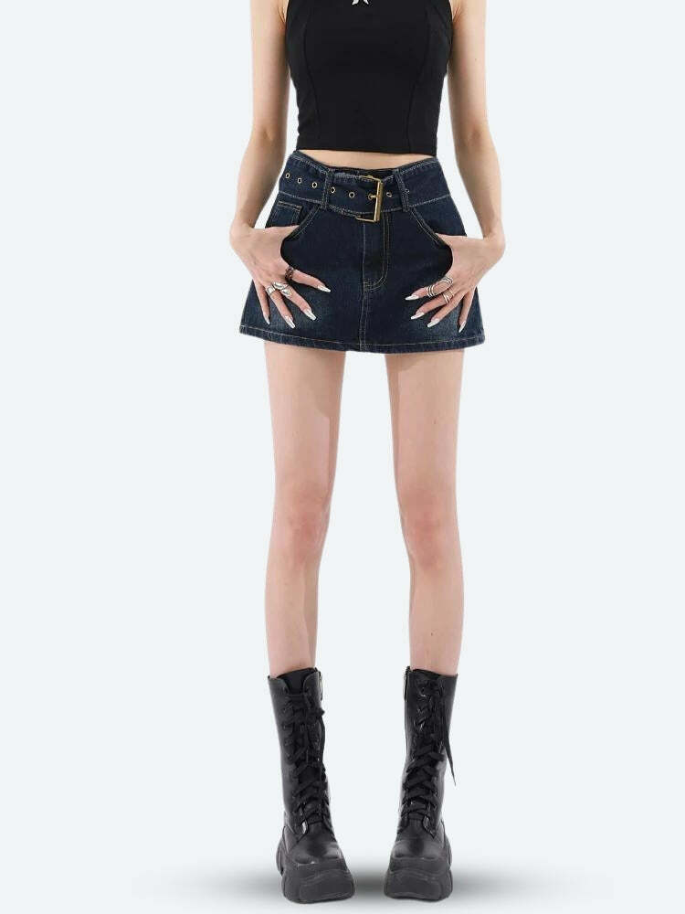 Y2K Grunge Belted Denim Mini Skirt - Coquette Aesthetic Fashion Piece