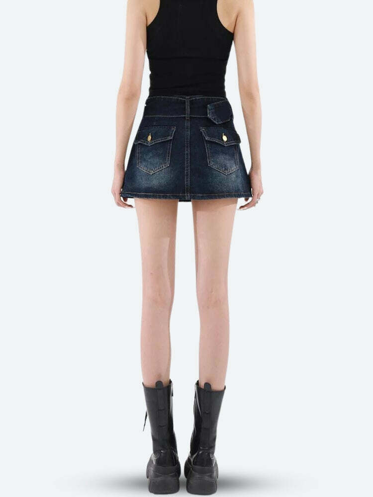 Y2K Grunge Belted Denim Mini Skirt - Coquette Aesthetic Fashion Piece