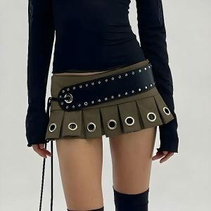 Y2K Grunge Belted Mini Skirt - Dark Coquette Aesthetic Fashion Piece