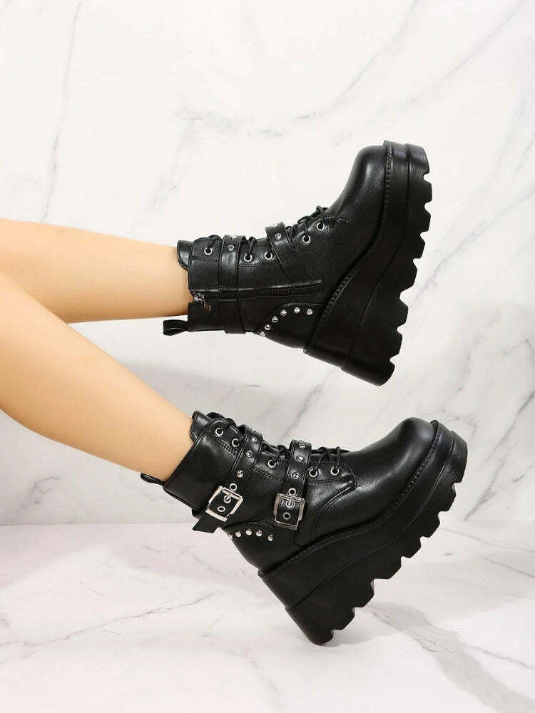 Y2K Grunge Belted Platform Boots for Coquette and Emo Aesthetic Styles