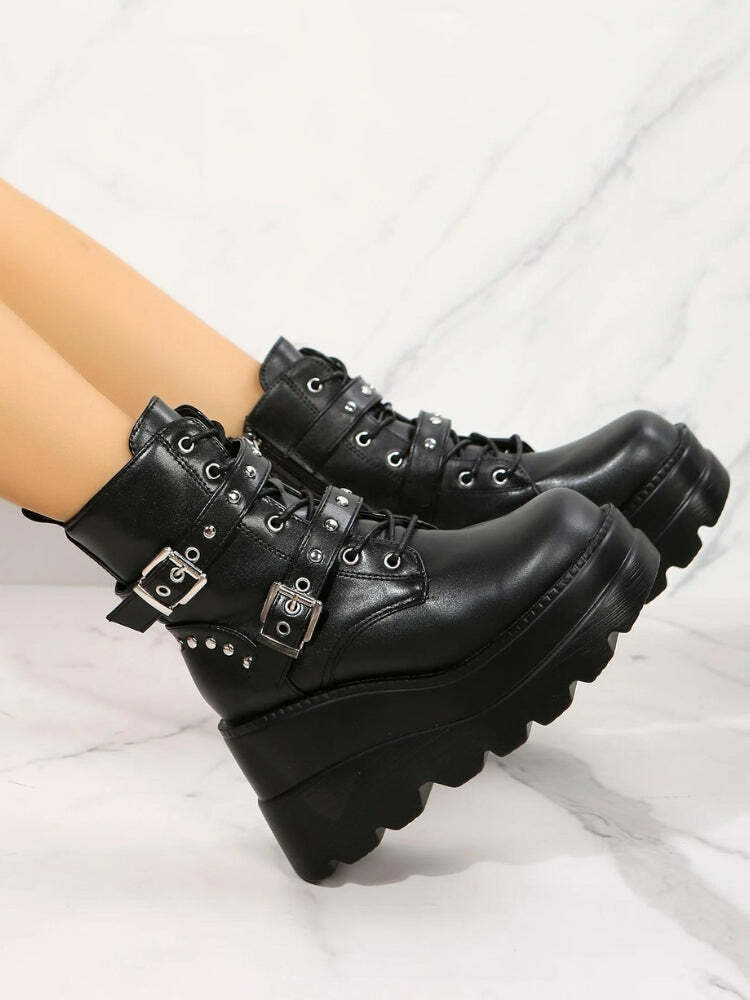 Y2K Grunge Belted Platform Boots for Coquette and Emo Aesthetic Styles