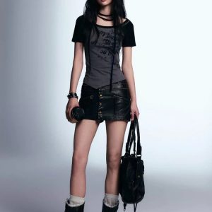 Y2K Grunge Boat Neck Tee - Oversized Aesthetic Top for Emo & Coquette Styles