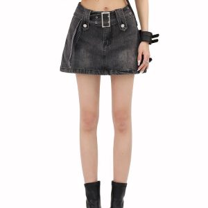 Y2K Grunge Buttoned Belt Loop Mini Skort - Coquette Aesthetic Style