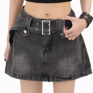 Y2K Grunge Buttoned Belt Loop Mini Skort - Coquette Aesthetic Style