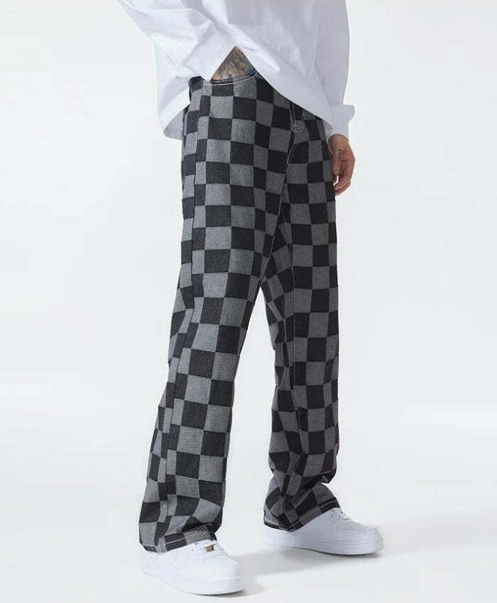 Y2K Grunge Checkered Black Pants for Coquette and Emo Aesthetic