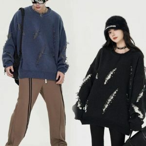 Y2K Grunge Claw Distressed Oversized Sweater for Coquette Aesthetic