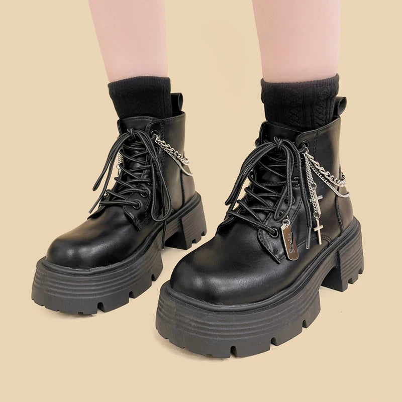 Y2K Grunge Combat Boots with Cross Chain Detail for Emo & Coquette Style