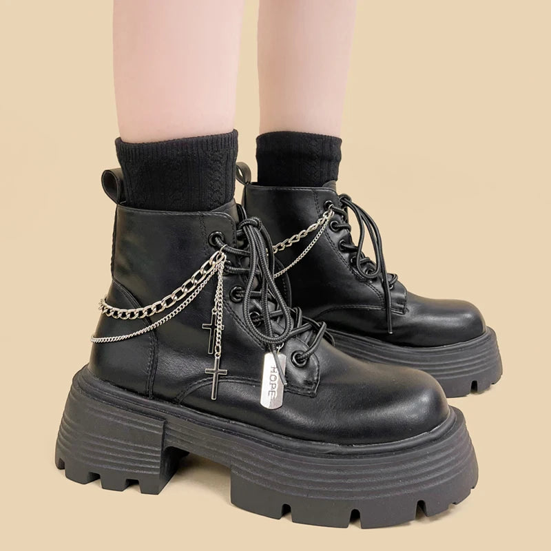 Y2K Grunge Combat Boots with Cross Chain Detail for Emo & Coquette Style