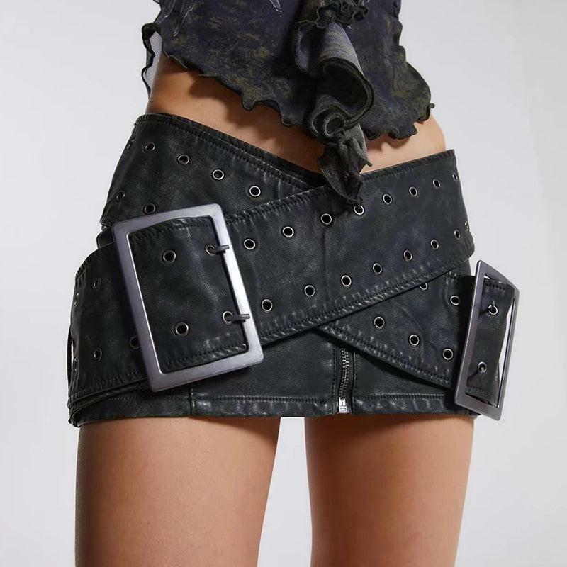 Y2K Grunge Cross Belt Faux Leather Mini Skirt for Coquette Aesthetic