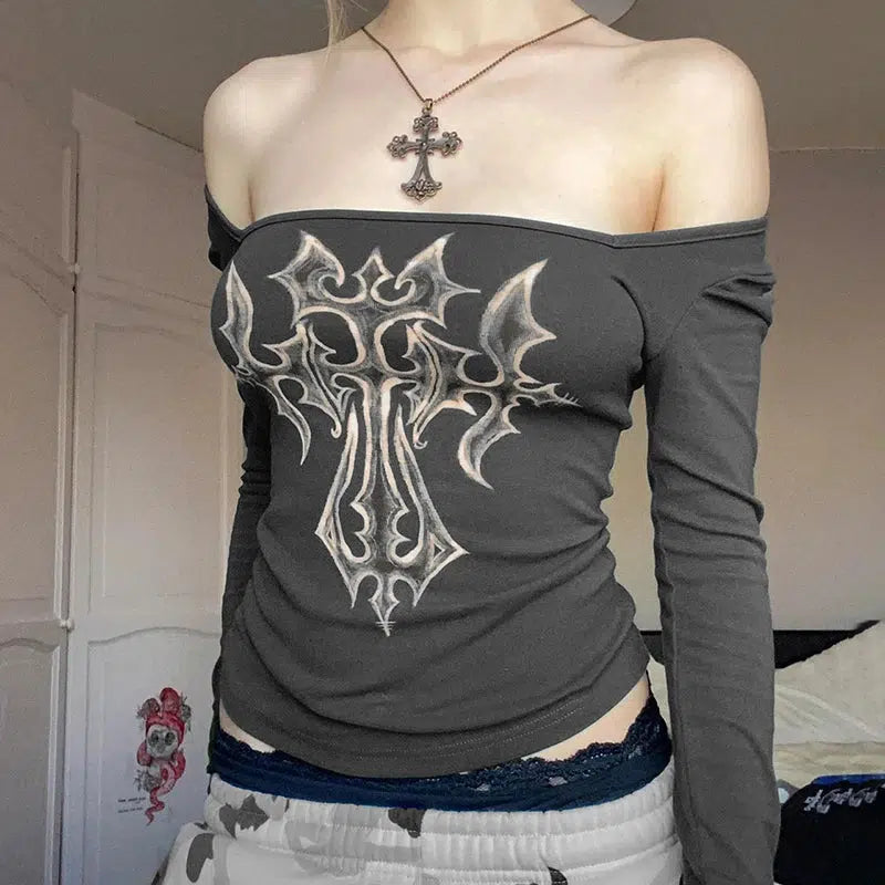 Y2K Grunge Cross Bleached Top - Oversized Aesthetic Tee for Emo Style