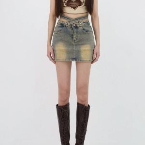 Y2K Grunge Denim Cross Belt Mini Skort - Coquette Aesthetic Fashion