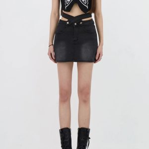 Y2K Grunge Denim Cross Belt Mini Skort - Coquette Aesthetic Fashion